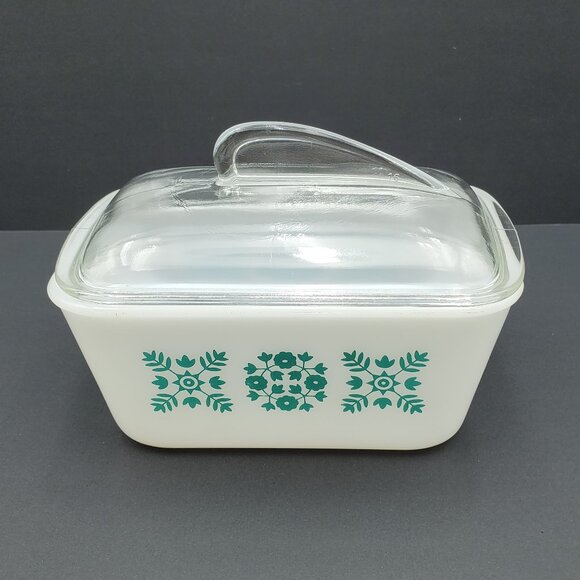 Glasbake Turquoise Floral Snowflake Casserole Baking Dish MCM Refrigerator Dish - Picture 2 of 10